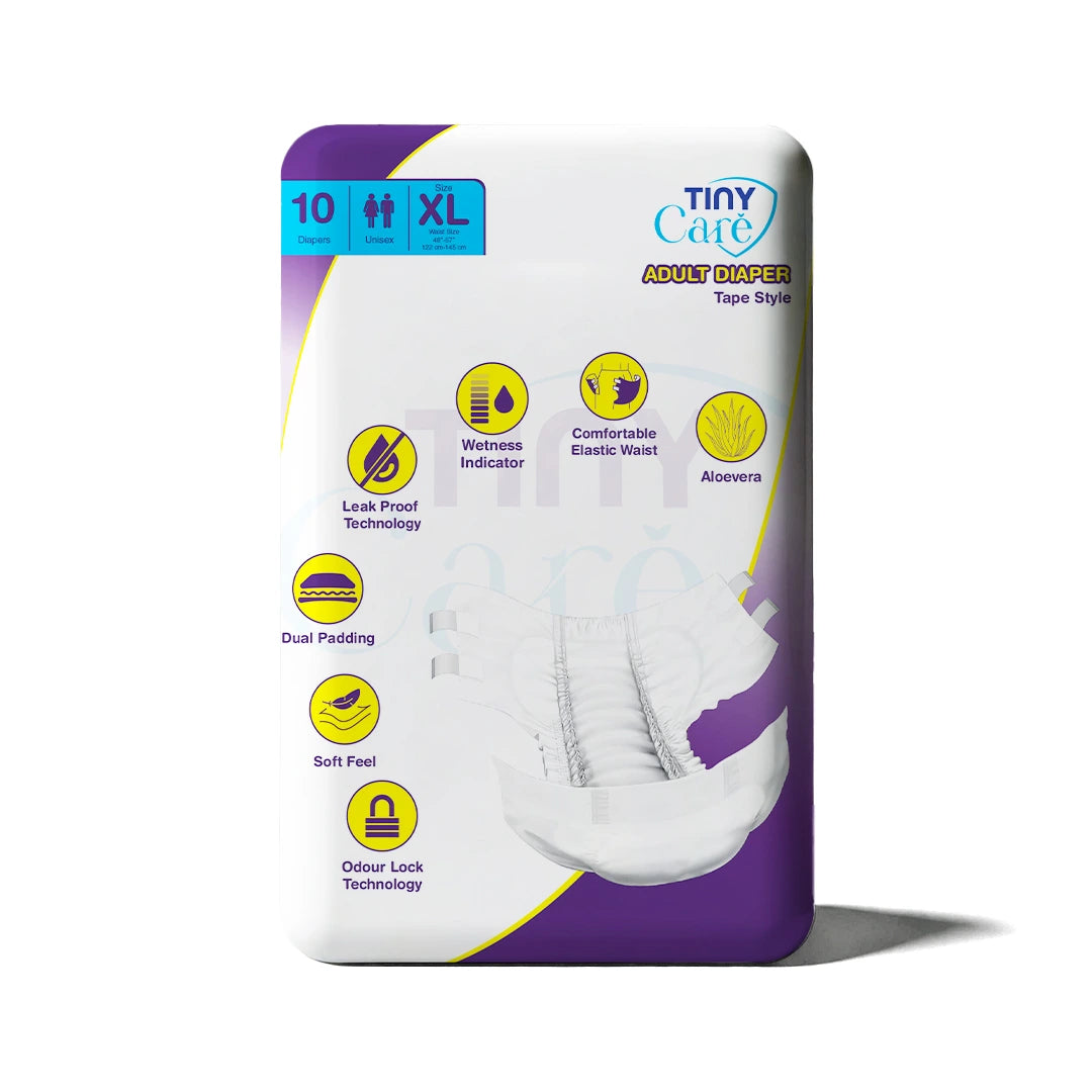 Tiny Care Adult Diapers – Tape Style Extra Large (XL) | Up to 12 Hours Protection
